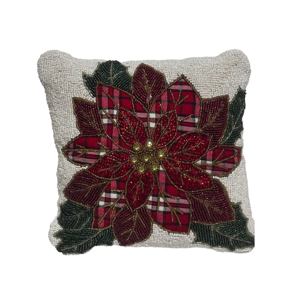 Beaded Poinsettia Plaid Christmas Decor Pillow Red Green Ivory 11